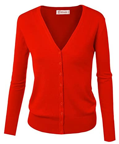 Cardigan Pull Gilet Femme Basic Col V Classique en Laine Mélangé Fine Soft Boutonné,36,Rouge