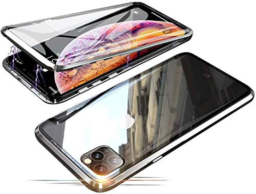 Coque pour iPhone 11 Pro Étui 360 Degrés Complet Protection Magnétique Adsorption Flip Cover Métal Bumper Frame Ultra Mince Transparent Avant et Arrière Double côtés Verre Trempé Housse,Argent