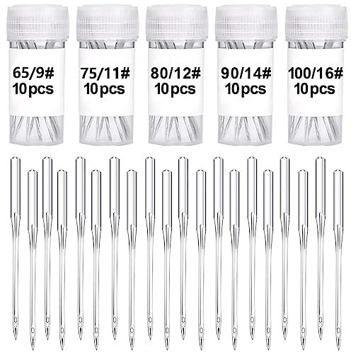 50 Pcs Sewing Machine Needles, 5 Sizes 65/9, 75/11, 80/12, 90/14, 100/16 Universal Machine Needles, Sharp Sewing Machine Needles for Home Sewing Machine