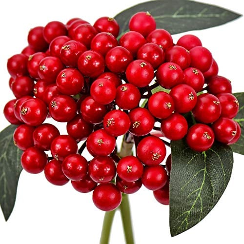 FiveSeasonStuff Real Touch Artificial Holly Berries Flower Arrangements, Christmas Wreath Decorations 2 Stems (Red Berries)