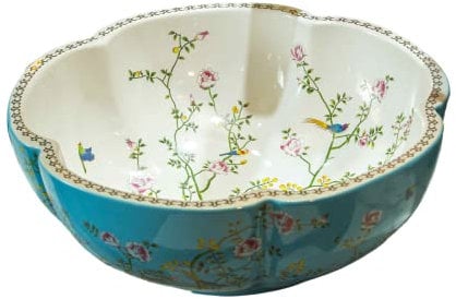 Gefäß-Spüle, blaues Blumen- und Vogel-Design, Jingdezhen, Blumenform, Keramik-Aufsatz-Kunstwaschbecken für Badezimmer, nur 1 Waschbecken, Größe/Maße: H 14,5 x B 41,5 cm