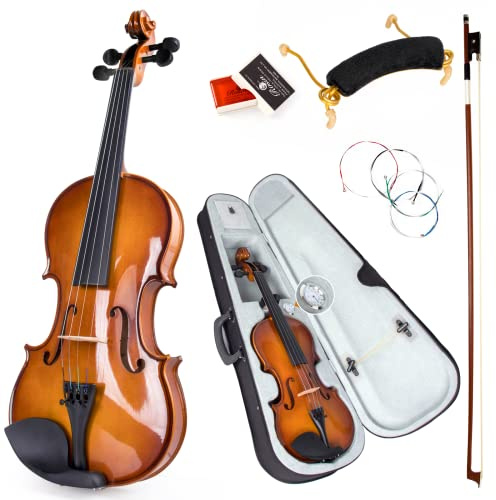 Kmise, 4 Massivholzgeige für Erwachsene, Anfänger, Studenten, Kinder, Hartschalenkoffer mit Hygrometer, Violinenbogen, Schulterstütze, Kolophonium, extra Saiten (4/4)