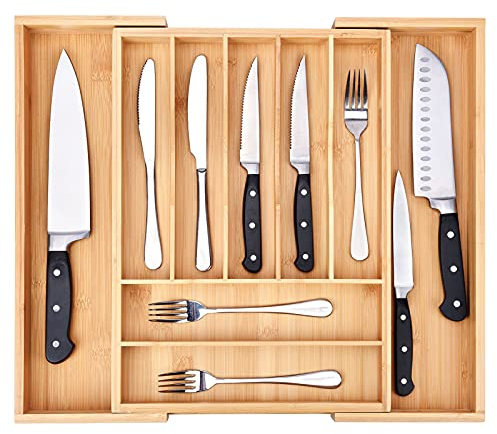 Hensh Bamboo Cutlery Tray. 7-9 Compartment Utensil Holder for The Drawer. Large Extendable Size Organiser