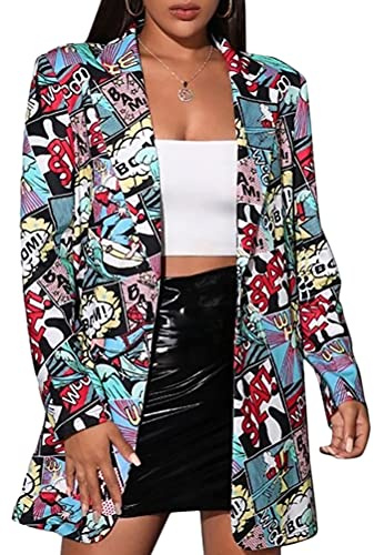 ORANDESIGNE Damen Casual Lange Ärmel Vorne Offen Blazer Poster Blumenmuster Leopardenmuster Seitentaschen Arbeit Suit Büro Jacke I Blau XXL