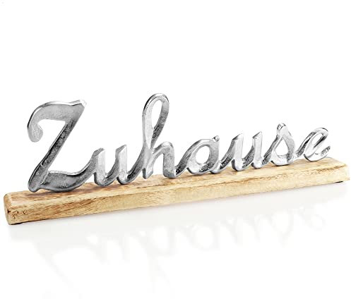 com-four® Deko Aufsteller ZUHAUSE - Schriftzug aus Metall auf Mangoholz-Sockel - Deko-Schriftzug zum Hinstellen - 40,5x13x5cm (silberfarben - ZUHAUSE)