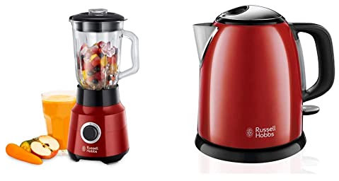 Russell Hobbs Mixeur Blender Electrique 1,5L, 6 Lames, Bol verre, Lames Amovibles, Nettoyage Facile - Rouge Desire & Bouilloire Compacte 1L, Ebullition Rapide, Filtre Anti-Calcaire Amovible Lavable