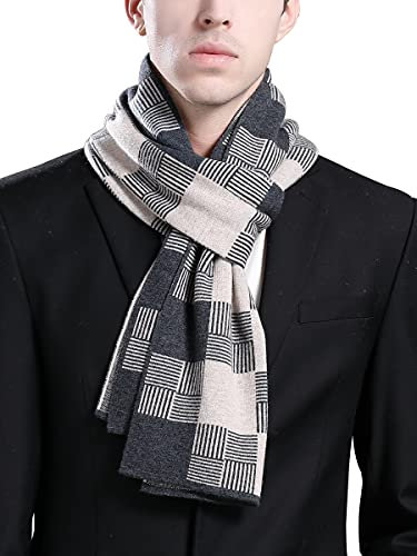 WANYING Herren Strickschal 6% Wolle Gestrickter Schal Winter Herbst Herrenschal Wolleschal Casual Business Gentleman - Kariert Anthrazit Grau & Dunkelbeige