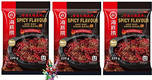 3er Pack - Spicy HOT-POT Suppen-Basis [ 3x 220g ] | scharfe Bouillon für Feuertopf + ein kleiner Glücksanhänger gratis