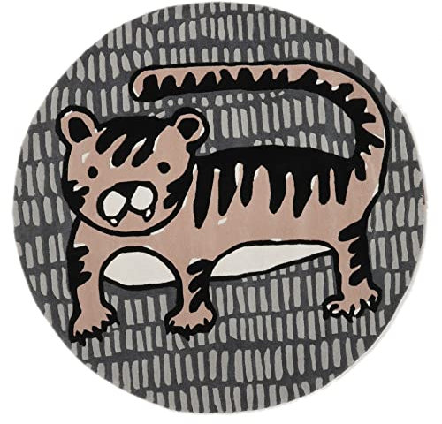 RugVista, Cool Cat, Kinderzimmer Teppich, ∅ 150 cm, Kinderteppich für Kinder, Spielteppich für Babys, Modernes Design, Handgetuftet, Mittelflor, Wolle, Keine schädlichen Stoffe, grau/Rosa