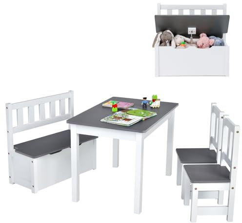 COSTWAY 4 TLG. Kindersitzgruppe, Kindertisch mit 2 Stühlen, Sitzbank mit Stauraum, Platzsparendes Kindermöbel Kiefernholz, Sitzgruppe für Kinder Mädchen Jungen(Grau)