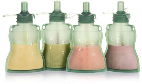 Haakaa Silikon Quetschbeutel - Wiederverwendbarer Squeeze-Baby-Speisenbeutel, Nachfüllbarer Weicher Lebensmittelbeutel für Baby-Püree. 4 Unzen, 4 Packung.