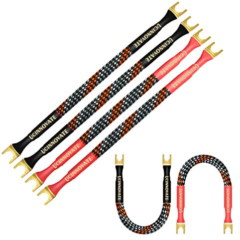 UCINNOVATE 4 x HiFi OFC Speaker Jumper Cable with Spade, 21cm Speaker Cable Bridge Bi-Wire Speaker Jumper Plates, 11AWG Cable Bridge to Speaker Cable Terminals with 8 Gold Plated Spade