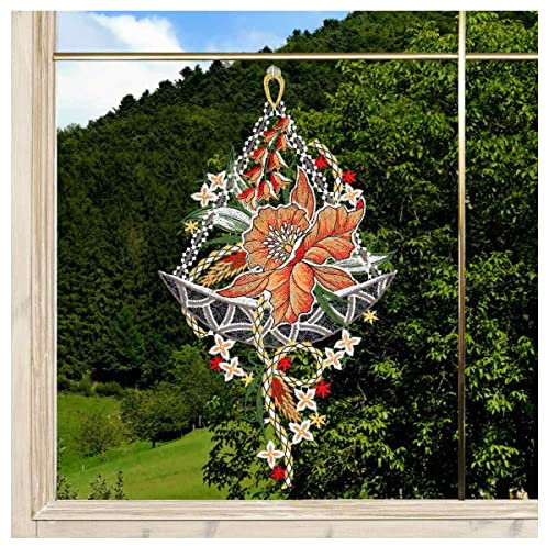 DSD Design-Studio Drechsler Gesticktes Blumen-Fensterbild Orchidee orange Fenster-Dekoration aus Plauener Spitze Blüte
