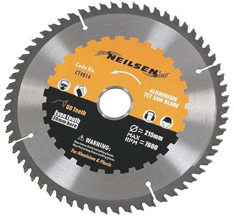 Neilsen CT4814 215mm TCT Circular Saw Blade - 60 Teeth | 30mm Bore | 7600rpm Max Speed | Ideal for Aluminium, Brass, Copper and Plastic Cutting Applications