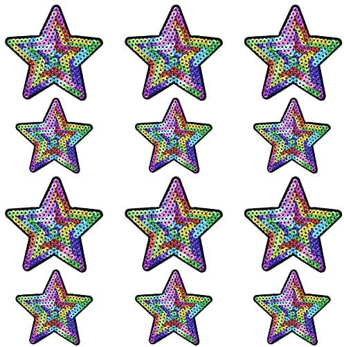 Weenkeey 12 Stück Stern Pailletten Patches Pentagramm Aufbügeln Applikationen Bling Stern Gestickte Aufnäher für Kleid Jeans Jacken Hüte Taschen Schuhe - 2 Größen Mehrfarbig
