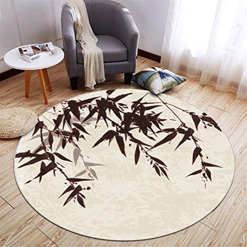 Highdi Tapis Rond Salon Rétro Chinois Tapis de Sol Décoration Antidérapant pour Salon Chambre Cuisine Balcon Terrasse Salle à Manger Intérieur & Extérieur (120cm,Feuille Bambou)