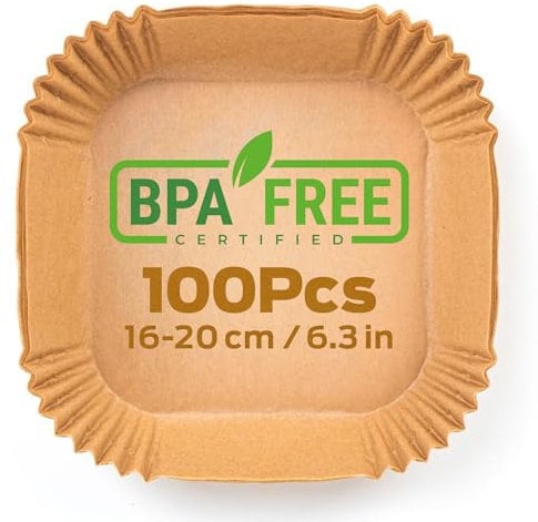 PORTENTUM Carta forno per friggitrice ad aria 100 unità da 16-20 cm Quadrata. Adatto al Forno, da 3,5 a 6 litri. Carta Air Fryer certificata per uso alimentare BPA Free, FDA e LFGB