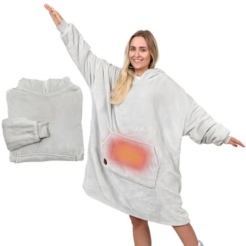 NorthHeat Beheizter Kuschel Hoodie | Flauschige Ärmel Decke beheizbar | für Freundin, Mama und Papa zu Weihnachten | Kuschelpullover & Deckenpullover (Polyester-Mischung, Grau beheizt)