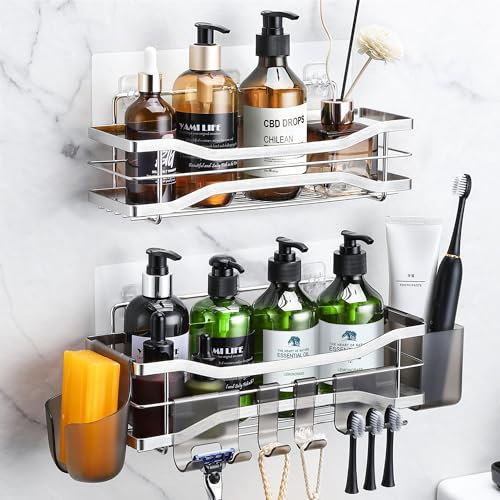 ALOCEO Duschablage ohne Bohren 2 Stück mit 6 Haken, Duschregal Edelstahl für Dusche, Duschorganizer für Bad, Silber