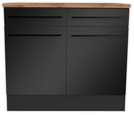 Jazz Moderner Küchenunterschrank 2-türig in Schwarz matt, Lanzelot Eiche Optik - Geräumiger Unterschrank Küche mit viel Stauraum - 100 x 90 x 60 cm (B/H/T)