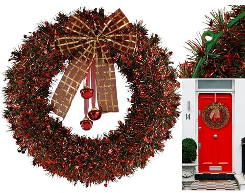 Christmas Red Tinsel Wreath with Bells- 40cm| Thick Door Hanging Decoration for Indoor Outdoor Stairs, Fireplaces| Christmas Wreaths for Front Door Large
