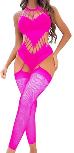 ROSVAJFY Body a Rete Sexy Donna Bodystocking Fishnet Lingerie Une Pièce Intimo Calza Intera Body Tuta hot babydoll Elasticizzato Halter Bodysuit Trasparente Biancheria Intima Cava (Rosa)