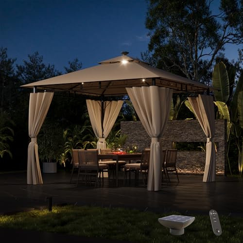 Devoko Pavillon 3x3 Wasserdicht Stabil Winterfest mit LED-Beleuchtung, UV-Schutz 50+ Doppeldach Partyzelt Gartenzelt für Festival, Events, Partys für 4-6 Personen, Beige