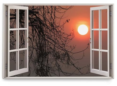 Paul Sinus Wandbild 120x80cm Fensterbild Sonne Abendrot Abenddämmerung Baum Sonnenuntergang
