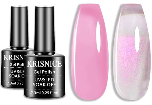 KRISNICE Jelly Gel Glitter Pearl Pink Nail Polish Shimmer Pearl Mermaid Natural Translucent Soak Off Gel Polish UV Light Cure for Nail Art DIY,Glitter Jelly (KCS2-017)
