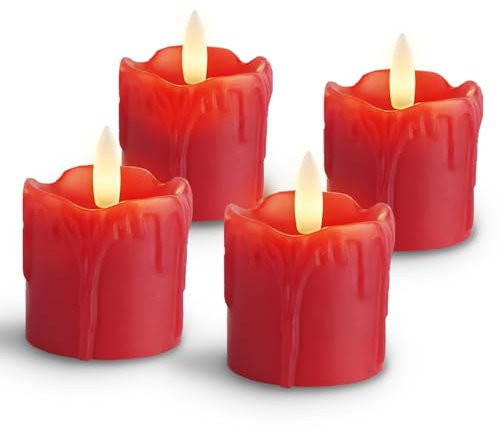 Rhytsing 4 Rote LED Kerzen mit Timerfunktion für Adventskranz, Flammenlose Votivkerzen Echtes Wachstropfen-Optik, Batteriebetriebene Teelichter Weihnachten - D5cm
