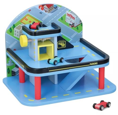 Wooden Car Garage Parking Playset with 2 Levels 1 Lift and 2 Cars for Kids - Educational Early Learning Role Play Pretend Play Car Garage Toys for Boys Age 3 Above