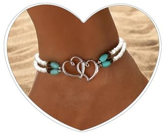 Mezrkuwr Elastisches Strand-Fußkettchen, Fußkettchen, Stretch-Fußkettchen mit Herzen, Boho-Herz-Fußschmuck, doppellagiges Fußkettchen mit kleinen Perlen
