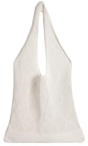 Risipu Netz-Strandtasche, gehäkelte Tragetasche für Damen, Strick, Urlaub, Boho-Tragetasche, Sommer, Hobo-Tasche, weiß, 15.35 x 14.57 x 0.75inches