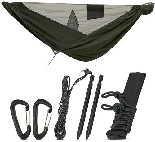 INWOODS Hängematte mit Moskitonetz, Rückenschonender Schnitt, 310x140 [Wasserabweisend] verstellbare Ridgeline & abnehmbares Netz | Hängematte Outdoor