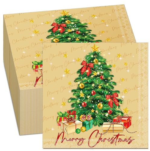 Tenare 100 Stück 33 x 33 cm Merry Christmas Servietten Weihnachten Papierservietten Einweg Weihnachtsservietten für Urlaub Party Restaurant Küche Winter Ornamente Dekoration(Weihnachtsbaum Stil)