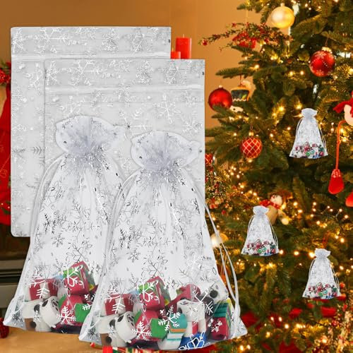 YBCCBY 100PCS Organzasäckchen Weihnachten 17X23cm Organzabeutel Weiß Geschenktüte Organza Geschenkbeutel Weihnachten Geschenksäcke mit Kordelzug Organzasäckchen Silber Weihnachtssäckchen für Party