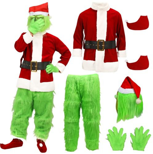 Costume da mostro verde, per adulti, 7 pezzi, costume da Babbo Natale, regalo di Natale, cosplay, feste di carnevale, per uomo e donna (7 pezzi, L)