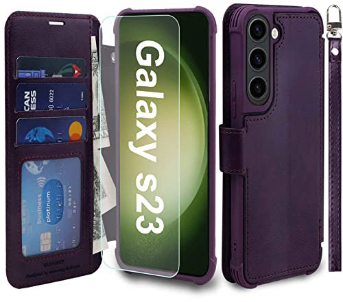 VANAVAGY Case Compatible for Galaxy Samsung S23 for Women and Men,Rfid Flip Leather Cover with Wrist Supports Wireless Charging with Card Holder and Screen Protector,Purple