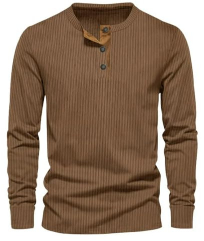 MakingDa Corduroy Mens Henley Shirt Long Sleeve Button Crew Neck Pullover Vintage Slim Fit Sweatshirt Fashion Soft Lightweight Casual Classic Work Grandad Shirt Khaki XXL