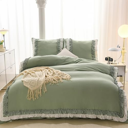 GETIYA Elegant Rüschen Bettwäsche 200x200 Mikrofaser Bettwäsche Grün Weiß Aesthetic Doppellagige Rüschen Bettbezug Doppelbett Mädchen Damen Bettwäsche Rüschen mit 2 Kissenbezug 80x80