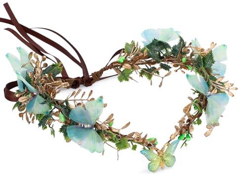 MOSTORY Wald-Schmetterlings-Blumenkrone – handgefertigter Feen-Kopfschmuck, Elfenreif, Wald-Tiara für Frühlingshochzeit, Renaissance-Feenkostüm, Damenparty, Goldgrün
