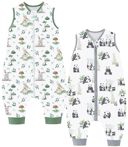 Chilsuessy 2er Pack Baby Schlafsack Sommer mit Füßen 0.5 Tog 100% Baumwolle Kinder Sommerschlafsack für Jungen und Mädchen, Pilzkaninchen + Panda Home, 90cm/Baby Höhe 100-110cm