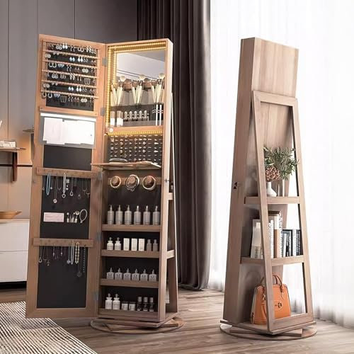 Hlixzoy Miroir Rotatif du Sol Au Plafond pour Ranger Un Miroir Pleine Longueur, Une Armoire À Bijoux Interrupteur De Miroir LED Rotatif À Trois Lumières Armoire À Miroir Verrouillable,A