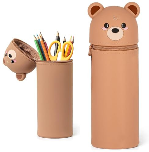 Wydexint Kawaii Étui École 2 en 1 en Silicone Souple, Trousse Ecole 2 en 1 en Silicone Souple Kawaii,Porte-Plume, Étui à Crayons Rétractable pour Garçons Filles Etudiants (Ours Brun)