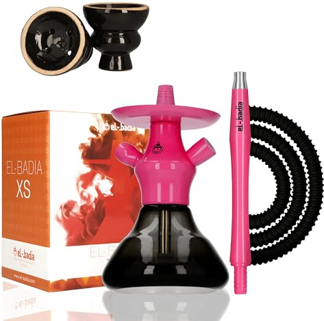 EL-BADIA XS Hookah 21cm – Shisha Compacta y Portátil de Viaje – Mini Cachimba Completa con Base de Vidrio, Columna de Aluminio, Manguera y Cazoleta Incluidos (Acid Pink)