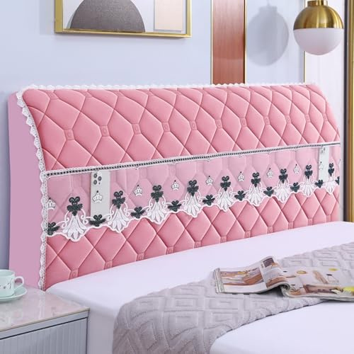 JANEMUA Bed Headboard Slipcover with Lace Pocket, Solid Color Headboards Cover, Lozenge Pattern Dustproof Protector Cover-Pink||240cm