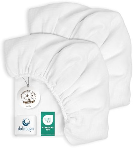 DOLCI SOGNI Spannbettlaken 70x140 Baby – Bettlaken Kinderbett 70x140 – Spannbettlaken Kinderwagen – Bettlaken Babybett – Spannbetttuch Beistellbett – Musselin Set Oeko-TEX -1 x Weiss + 1 x Weiss