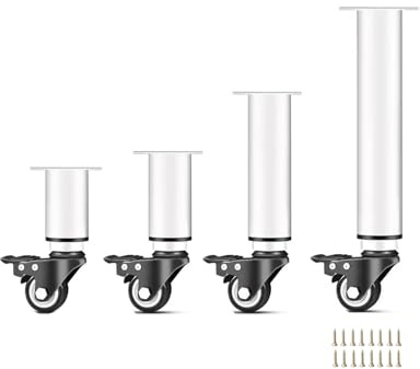 XLHWJCP 4Pcs Pieds de Meuble Réglables en Métal avec roulettes et Frein, Pieds de Support de Remplacement Robustes, pour Canapé/Lit/Chaise/Canapé/Commode/Table (White,14-17cm)