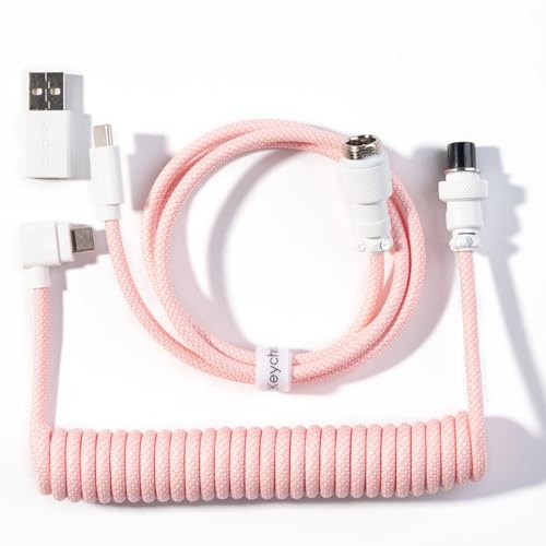 Keychron Coiled USB-C Angled Aviator Data Cable for K Series (Pro/Max/HE), 5-Pin GX12 Detachable Metal Connector, USB-A Adapter, Durable Braided Charging Cable for Mechanical Keyboards, Light Pink