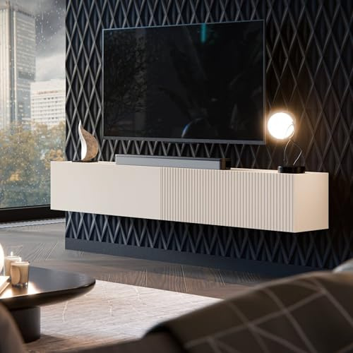 Dmora Mobile Porta tv Sindia 29.8x200x30.5h cm Beige Modulabile un Ripiano, 4 Vani